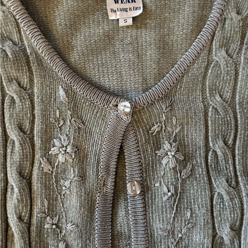 Bayou Vintage Sage Green Cardigan with Floral Embroidery